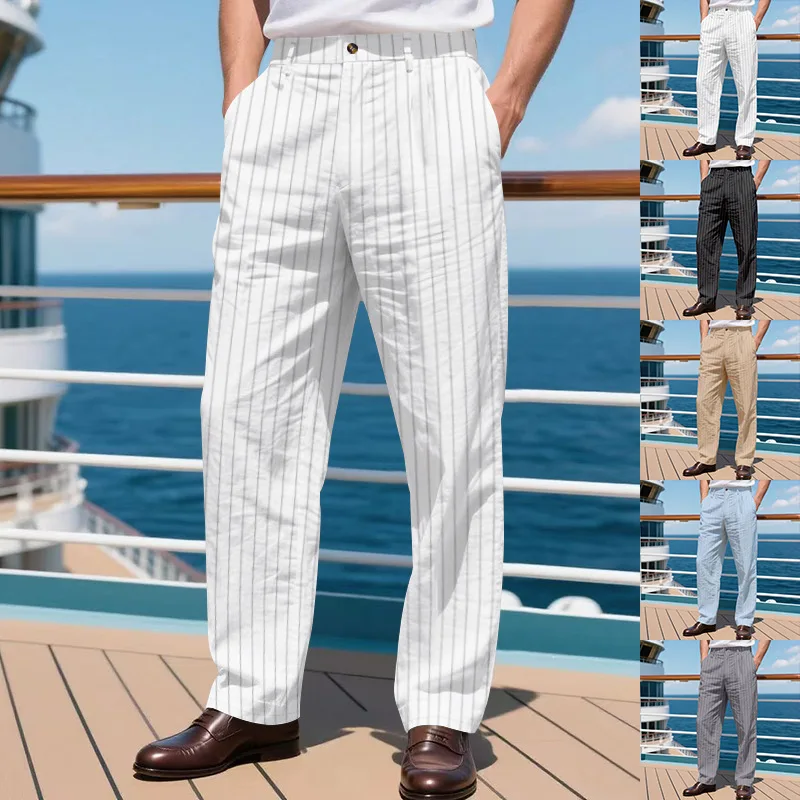 2025 Autumn New Men's Linen Trousers Loose Breathable Simple Casual Pants Vertical Stripe Design Straight Suit Trousers