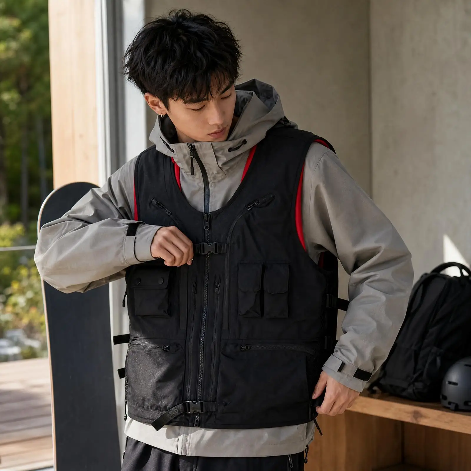 Snowboard Vest Carrier with Vertical Board Straps and Multiple Front Pockets for Mountain Adventures