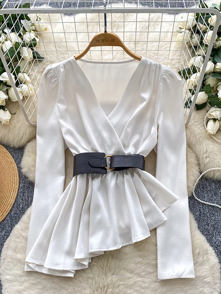 

Spring Autumn Satin Long Sleeved Irregular Blouse Women New Fashion Purple Black Belt Temperament Versatile Tuxedo Shirts S332