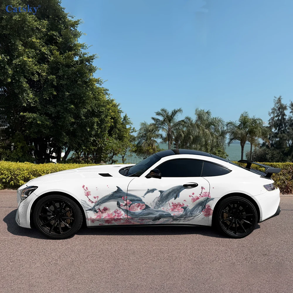 

Dolphin Jump Floral Ocean Car Vinyl Wraps Decal Self-adhesive PVC Sticker Suitable for Trucks SUV Decor Auto Accessories Gift