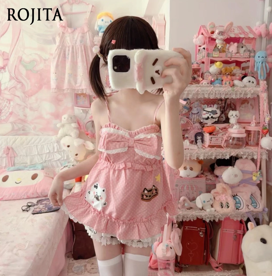 

Cute Cartoon Polka Dot Printing Neck Strap Sling Vest Lace Splicing Brown Shorts Daughter's Clothing Summer Kawaii Casual Suit