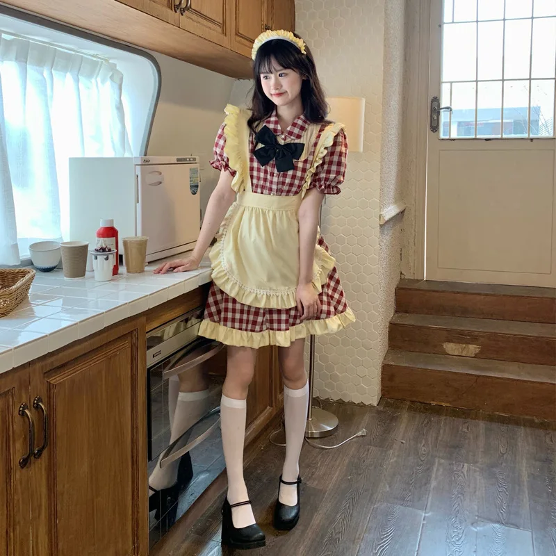 Halloween Costume Lolita Maid Dress Kitchen Maid Daily Red And White Plaid Cosplay Maid Lori Dress