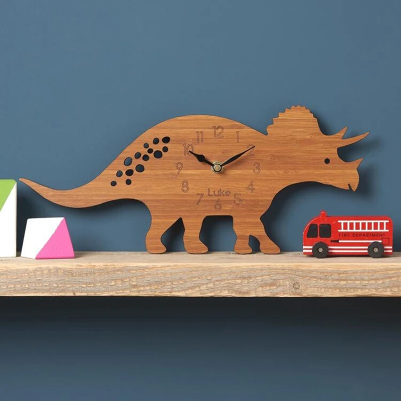 

Bamboo Wood Cartoon Triceratops Dinosaur Wall Clock Children's Room Decoration Animal Wall Clock Home Decor