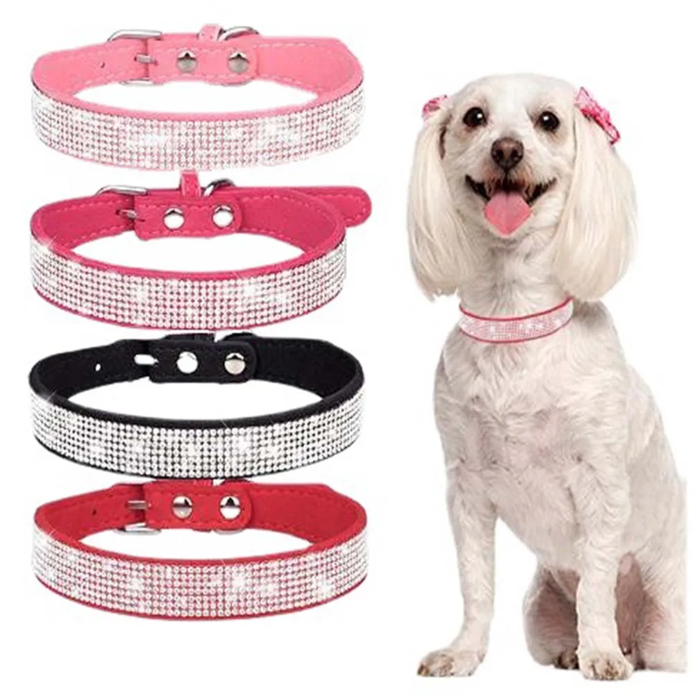 Bling Crystal Dog Collars for Small Large Dog Adjustable Soft Leather Rhinestone Luxury Dog Collars for Puppy Dog  Necklace