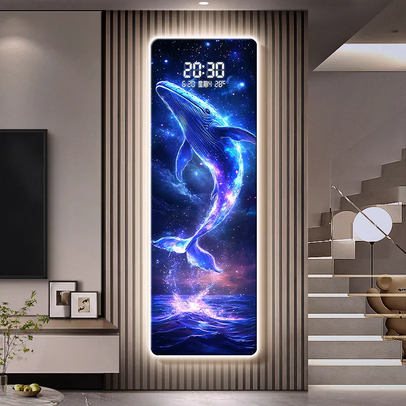 Whale Living Room LED Wall Clocks Grille Home Decor Pendant Wave Starry Sky Plug in Electronic Clock Wall Hanging Light Watch