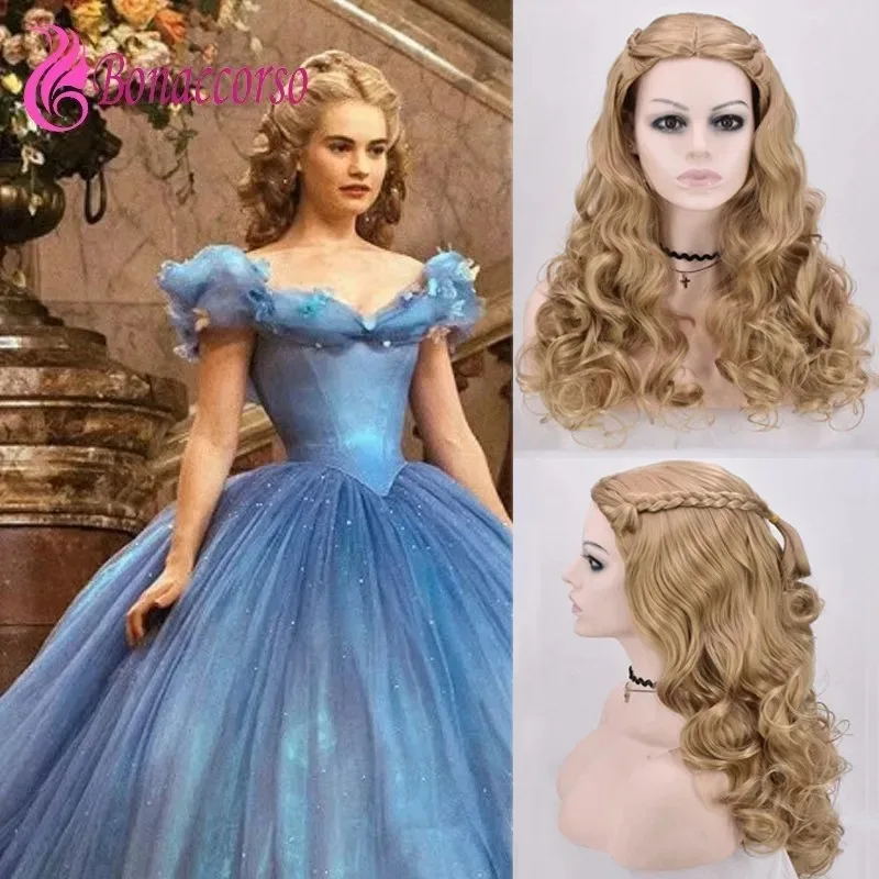 سندريلا شعر مستعار تأثيري براون الذهب الاصطناعية طويلة مجعد شعر مستعار المرحلة اللعب Coser لطيف فتاة عالية الجودة هالوين شعر مستعار حفلة يومية