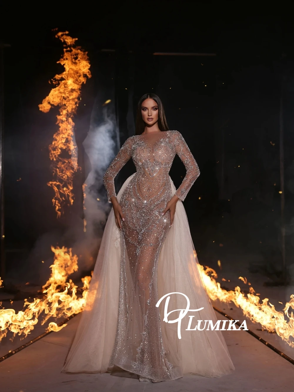 

Luxury Custom Handmade Beaded Evening Dress Illusion Sheer Mesh Long Sleeved Detachable Train Formal Red Carpet Shiny Prom Gown