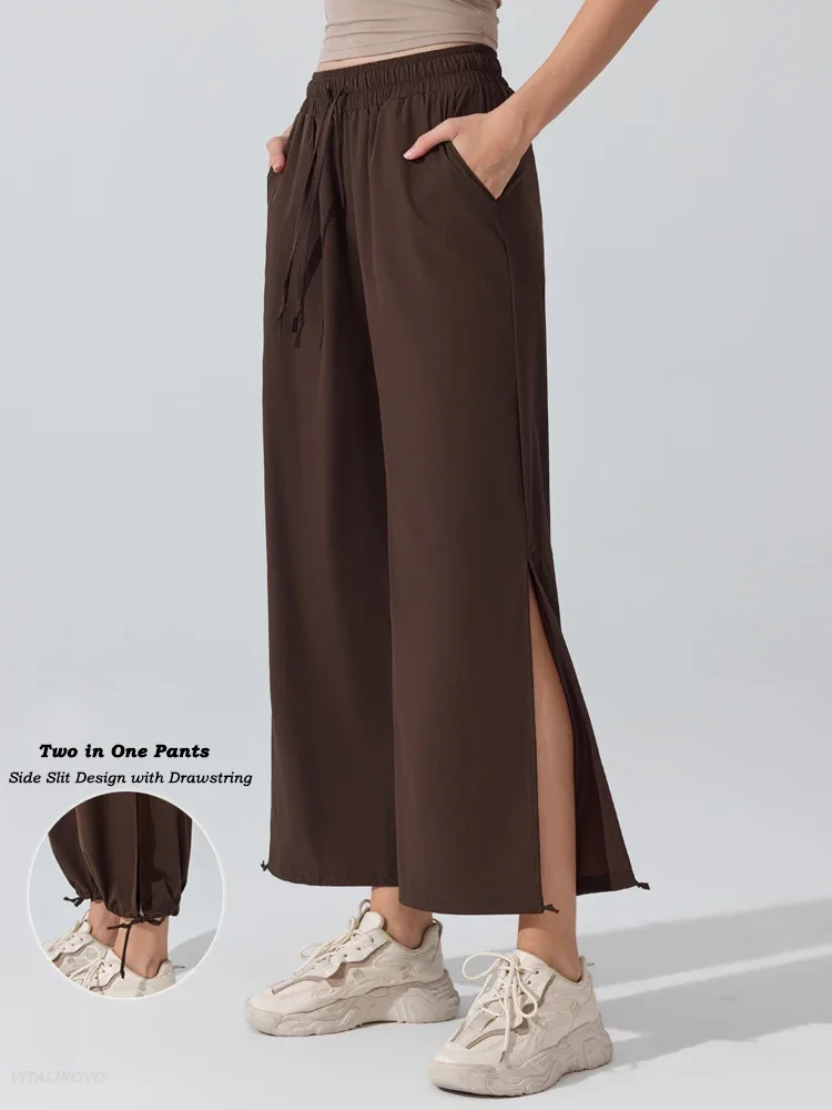 

VITALINOVO Wide Leg Yoga Pants for Women Adjustable Hem High Waist Loose Workout Gym Pants with Pocket Beach Travel Lounge Pants