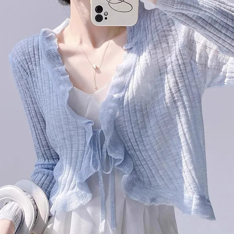 

French Style New Ice Silk Lace Sunscreen Knitted Cardigan Women's Summer Thin Jacket Shawl Cover Shirt Female Clothing