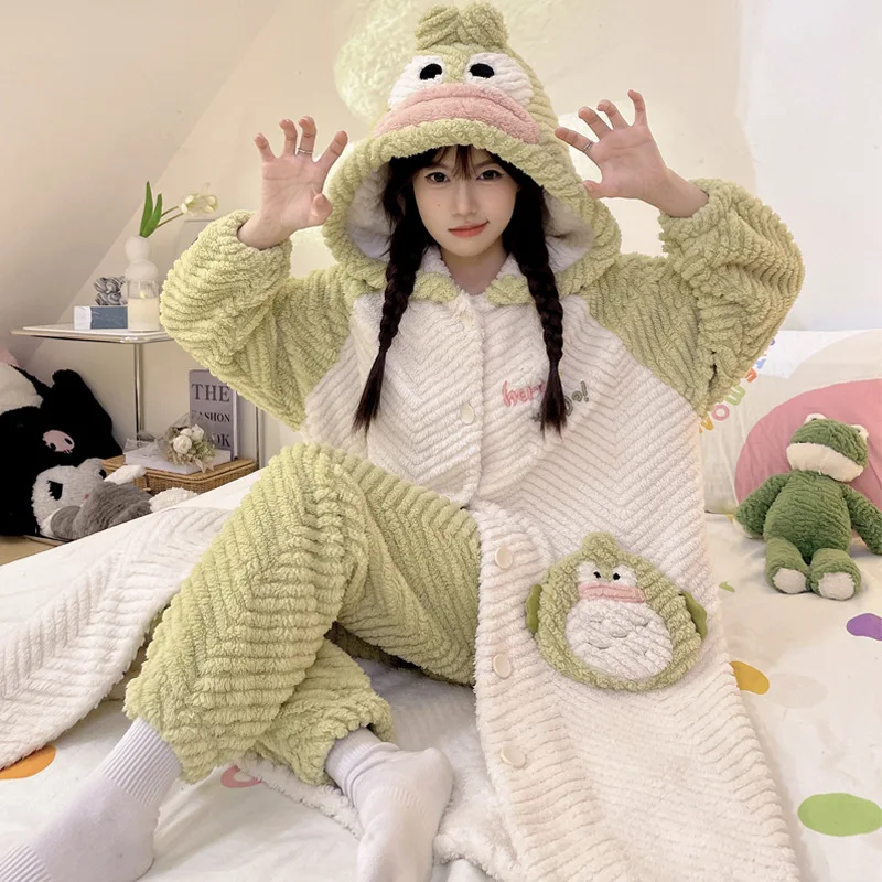 헬로 키티 마이 멜로디 애니메이션 미니소 카와이 긴 소매 잠옷 귀여운 시나모롤 코랄 벨벳 홈웨어 자켓 어린이를위한 선물