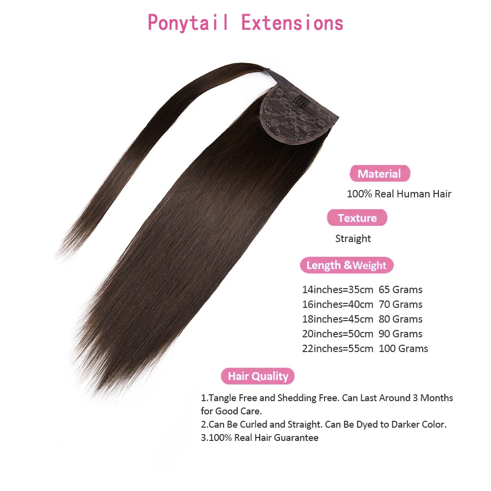 Ponytail In Hair Extensions Chocolate Brown 100% Real Hair PonyTail In Human Hair Extensions For Women Magic Wrap Around 22 Inch