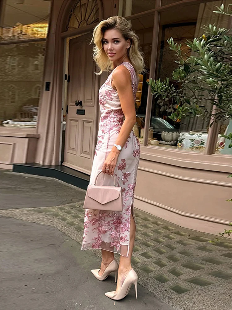 Women Chic One Shoulder Long Dress Elegant Floral Mesh Sheer Tulle Slim Fit Maxi Gowns 2026 Party Formal Evening Dresses New