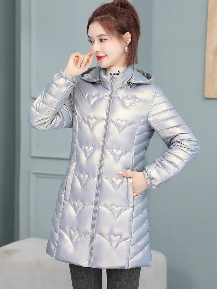 Giacca invernale Cappotti lunghi Donna Piumino in cotone lucido con cappuccio Caldo Parka casual Cappotto imbottito in cotone Donna JJ1060