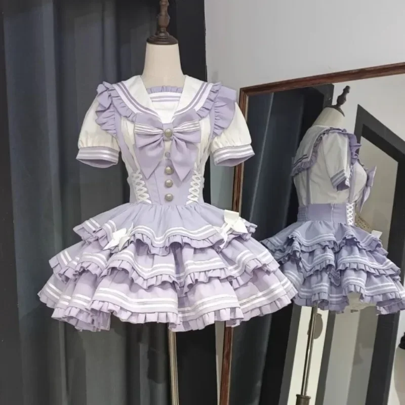 

Princess Sweet Cute Skirts Two-piece Sets Outfits Soft Girl Naval Academy Style Rojita Bubble Sleeves Shirt Strap Skirt Lolita