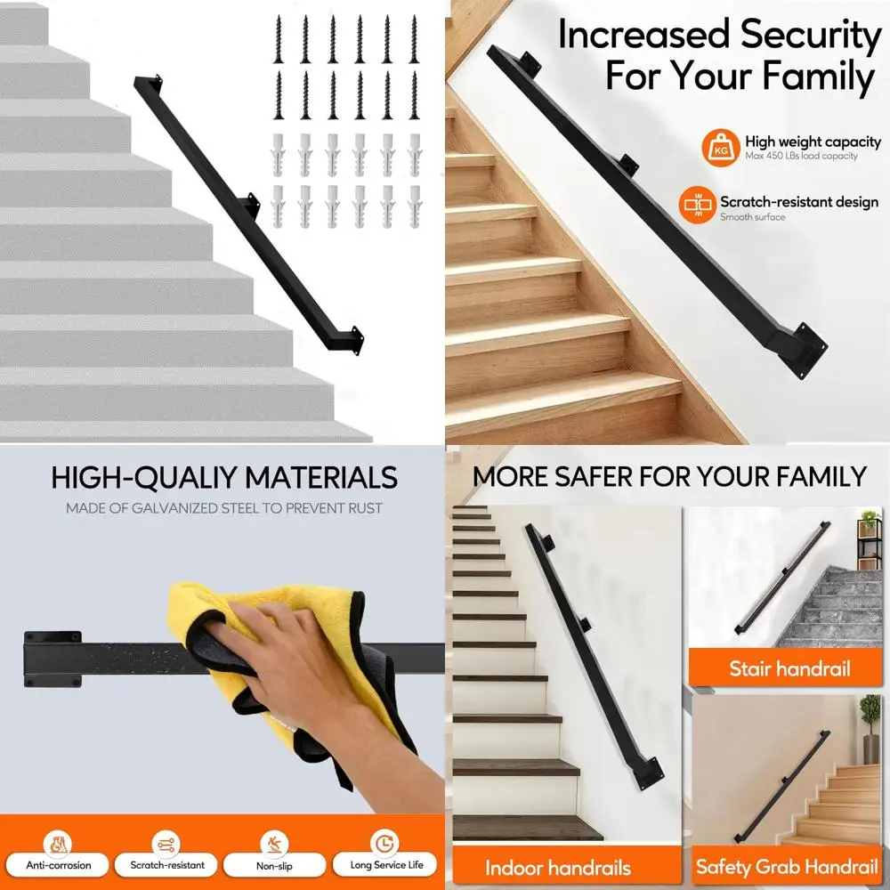 درابزين الدرج الداخلي، درابزين مربع بطول 7 أقدام، حامل جداري معدني أسود، سعة تحميل 440 رطل، درابزين سلم عالي التحمل غير قابل للانزلاق #1