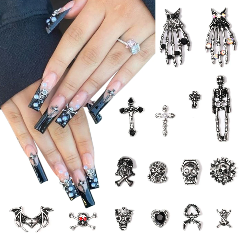 10PCS Gothic Punk Alloy 3D Nail Art Charms Herz Skelett Kreuz Spinne Design für Halloween Nägel Dekoration