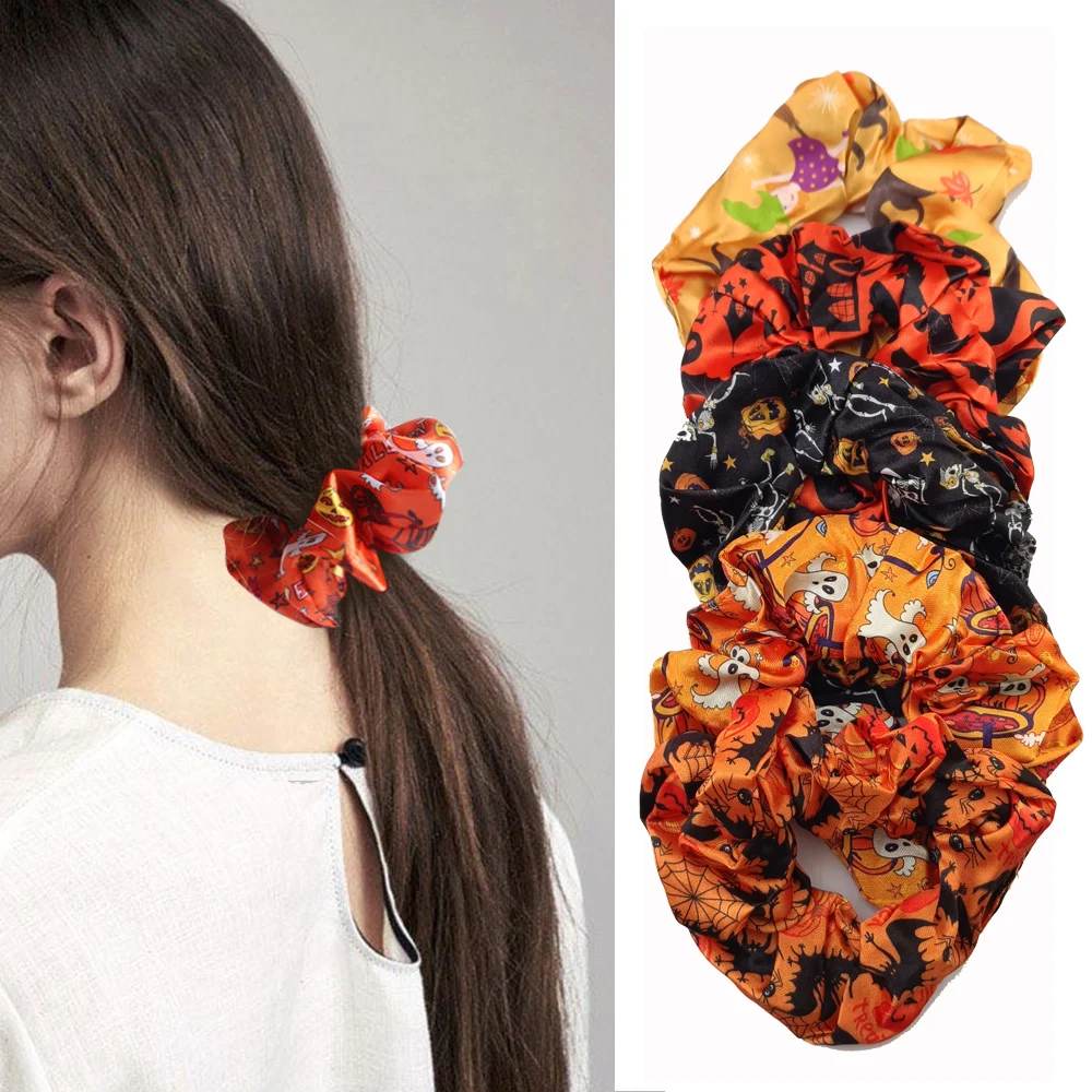 2pcs Halloween Hair Ties Elastics Pumpkin Ghost Spider Web Bats Hair Scrunchies for Women Girls Ponytail Holder Hair Band Ropes