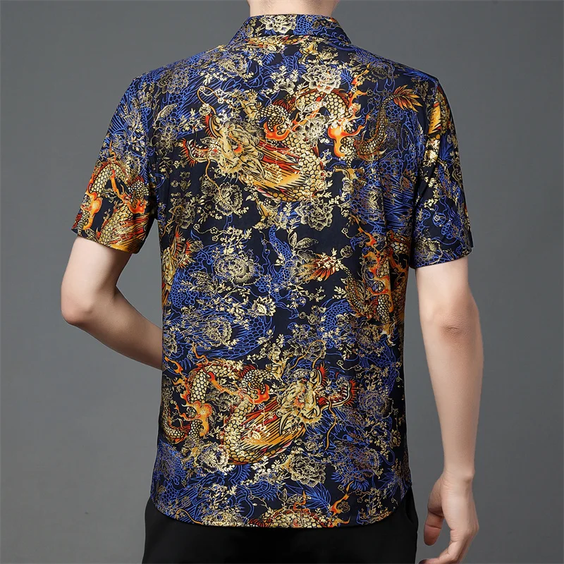 Dragon Brozing Print Shirts For Men Short Sleeve Trendy Coolness Summer Quality Soft Breathable National Style Camisas De Hombre