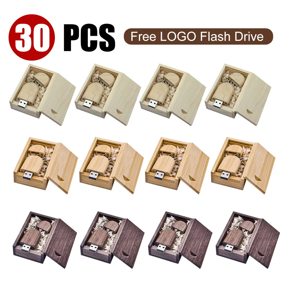 

30pcs Wooden With Gift Box USB2.0 Flash Drive free key chain Pendrive Photography Memory Stick 64GB/32GB/16G/8G U Disk pen drive