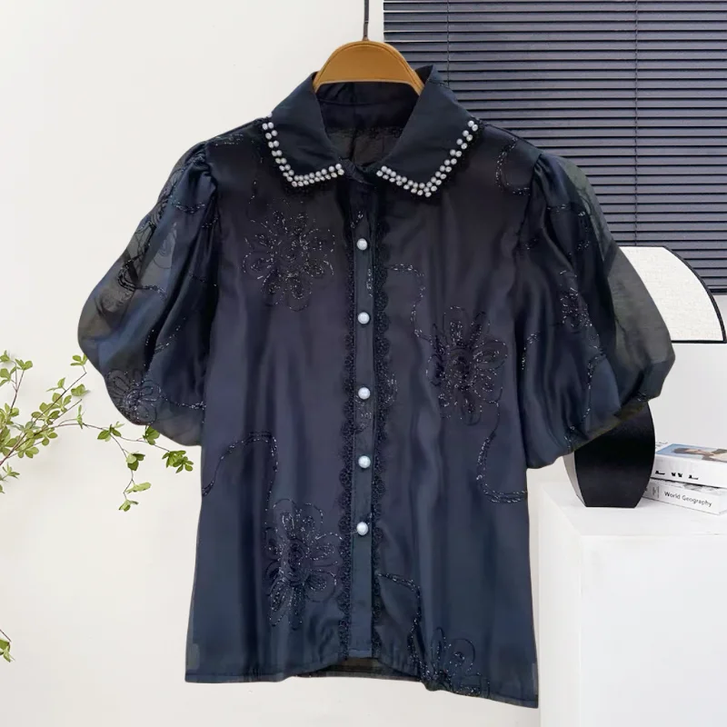 

Black,New,Korean,Style,Loose,Blouse,Fashion,Sexy,Button,Patchwork,Shiny,Beading,Single-breasted,Women,Flare Sleeve,Tops,562103