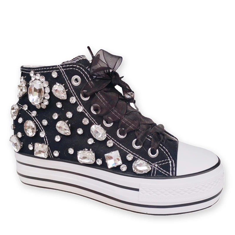 New Lovely Crystal Hand-made Diamond Thick Bottom Inner High Top Women's Canvas Shoes  Designer Sneaker Women Flats