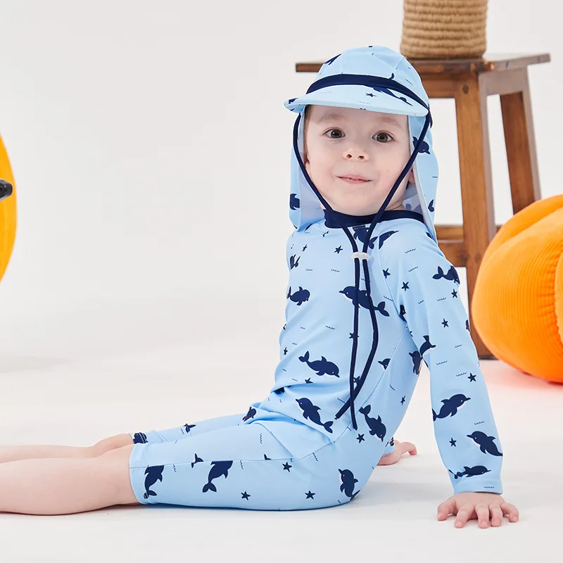 Boys One-piece Swimsuit + Sun Hat Kids Cartoon Dolphin Long Sleeve Sun-protective Quick-dry Surfing Bathing Suit Baby Swimwear