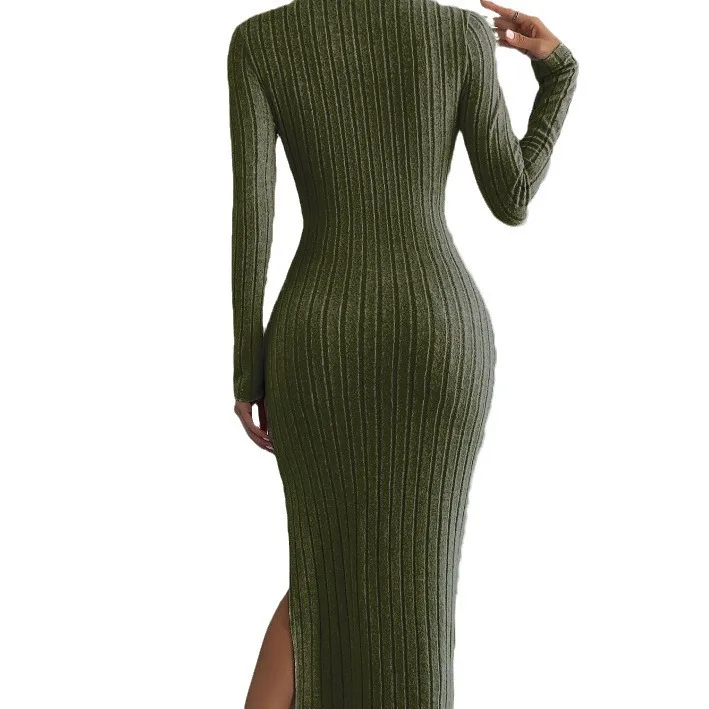 2024 autumn and winter new long sleeved round neck slit knitted long style fashionable and casual dress for women