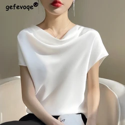 Women Silk Satin Swinging Collar Chic Elegant White Black T Shirt 2023 Summer Fashion Office Lady Simple Short Sleeve Loose Tops