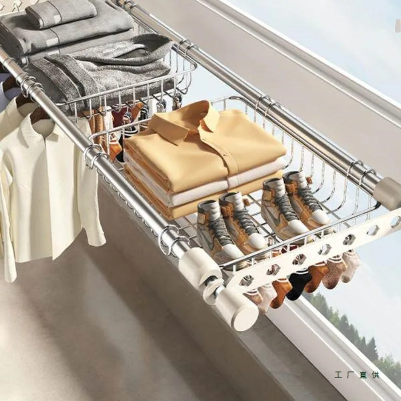 white balcony drying rack multi-functional, non-punching window wall-mounted window frame retractable drying net drying socks
