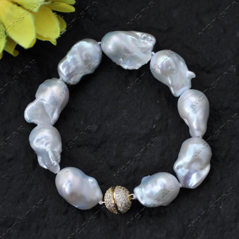 

Z14293 8.5" 23mm White Drop Baroque Keshi Reborn Pearl Bracelet Magnet Ball CZ