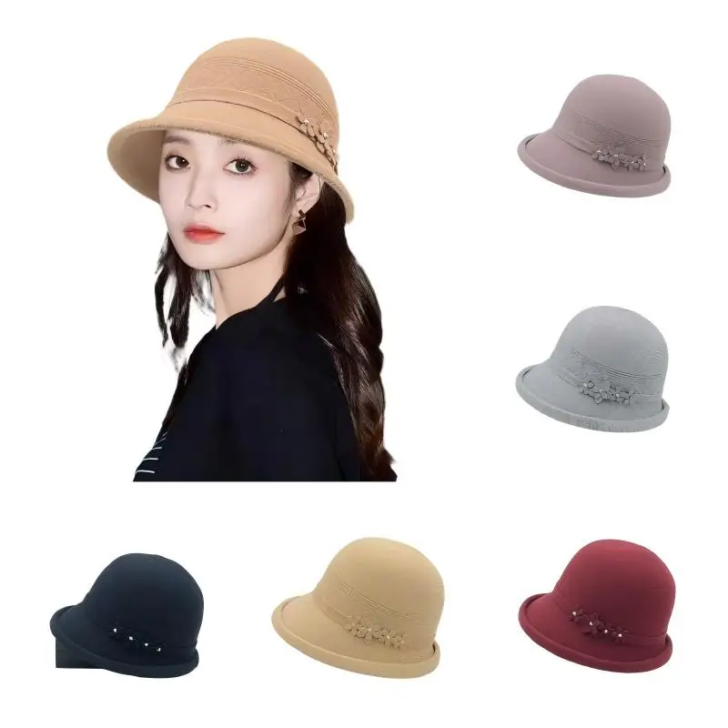 New Autumn and Winter Mother's Bucket Hat Middle-Aged Elderly Fisherman Hat Knitted Grandma Solid Color Hat with a High-End Feel