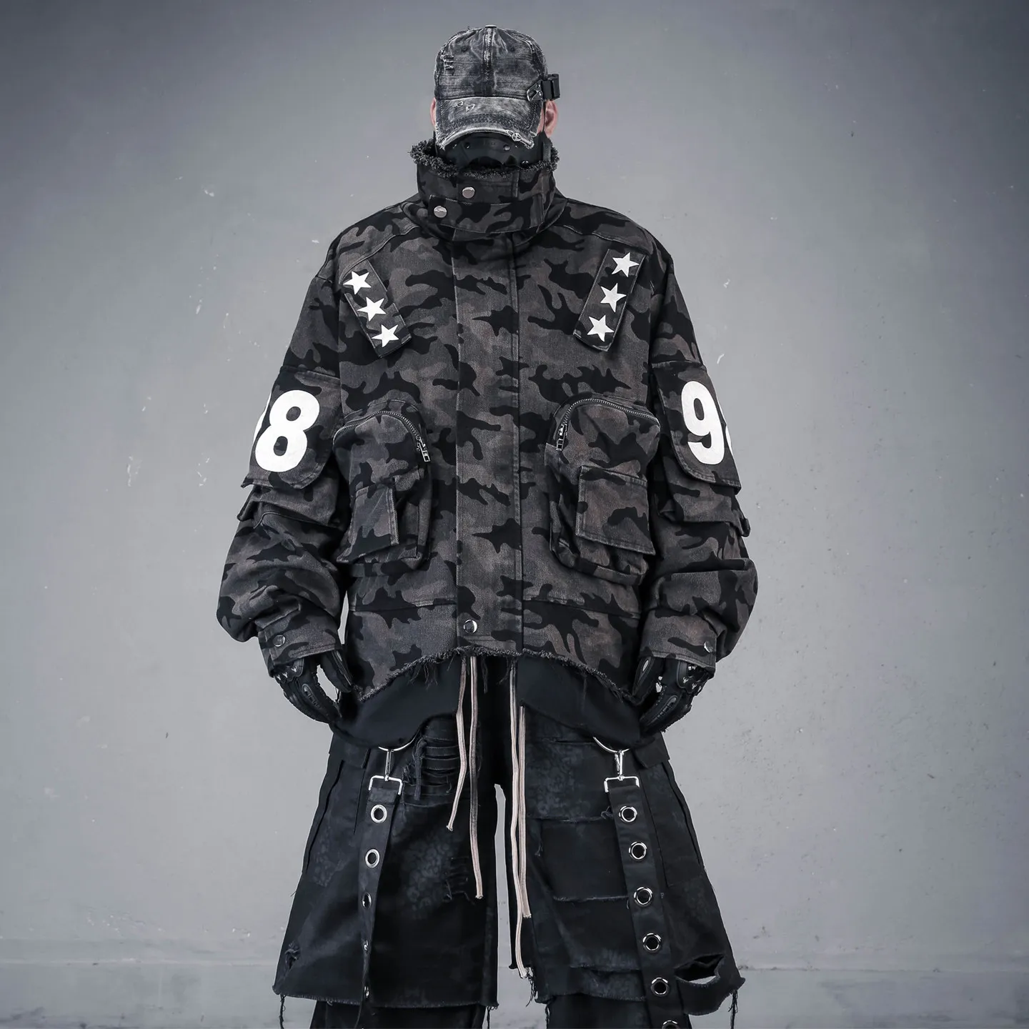 Techwear Fake Two-Piece Large Workwear With Pocket Flight Jacket Men's Autumn And Winter Camouflage High Collar   Coat