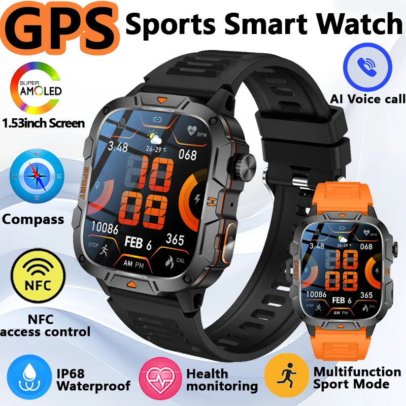 

2025 New GPS Positioning Satellite Smart Watch LED Flashlight 100+ Sports 1.96 HD Screen Military Health Monitoring Smart Watch