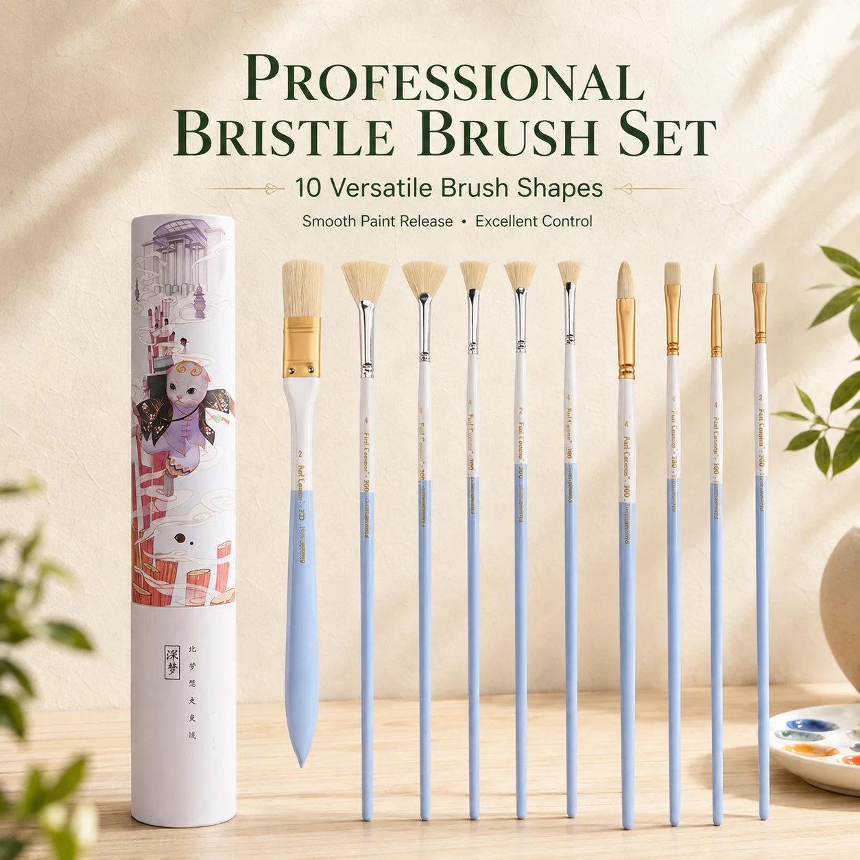 10Pcs Natural Bristle Paint Brush Set with Protective Storage Case--Professional Artist Brushes for Oil, Acrylic & Watercolor