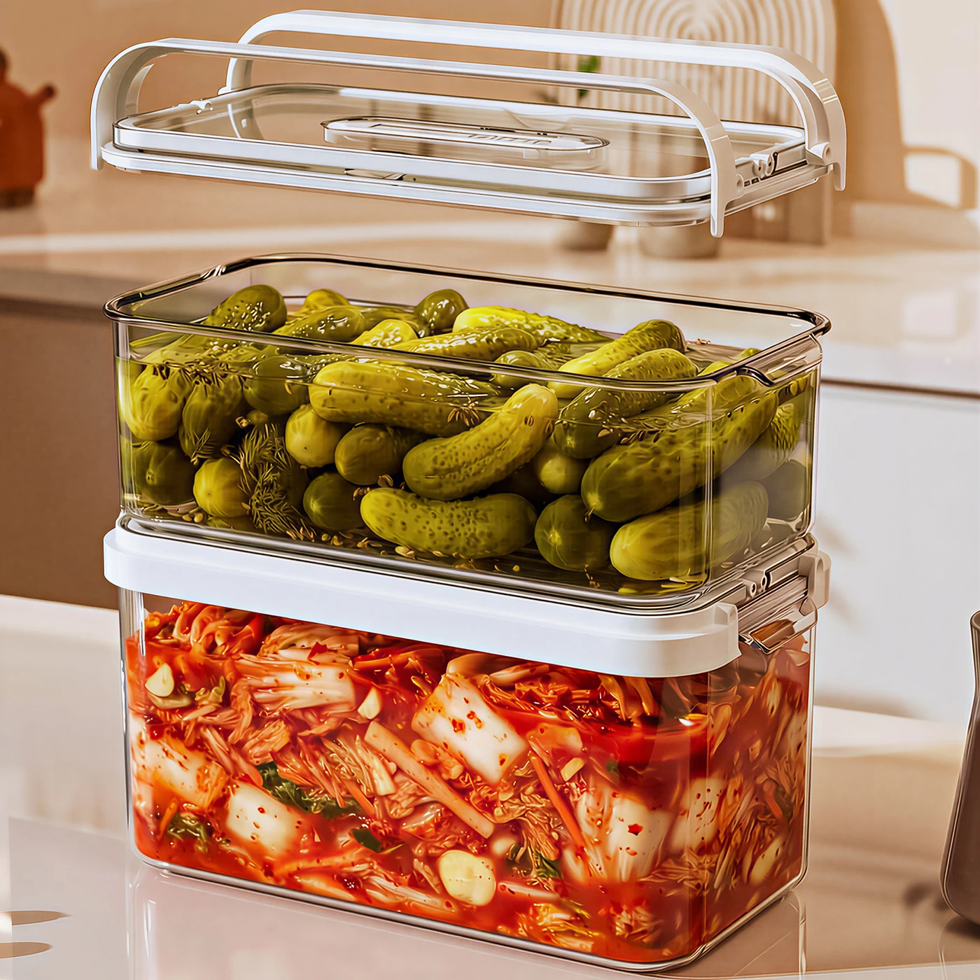 1pc 4L Airtight Plastic Pickle Jar with Press Plate, Leak-proof Food Storage Box for Pickled Vegetables Olives - view 2