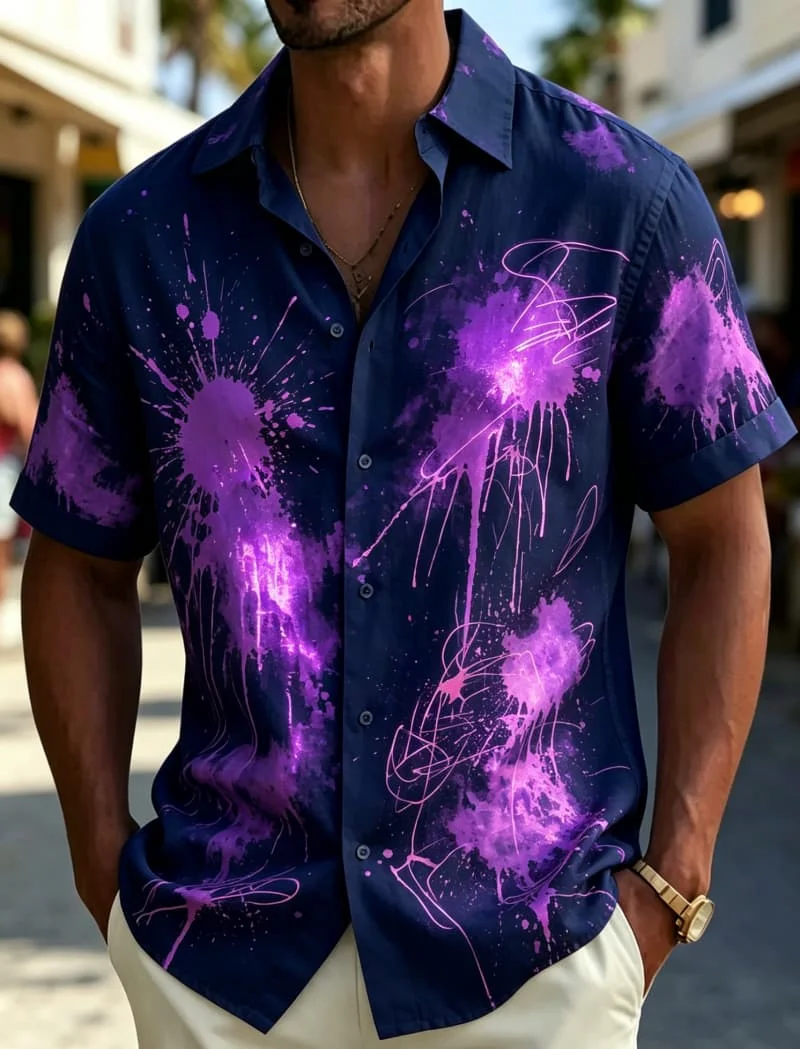 Men's Shirt Graffiti Splash Ink Print Short Sleeve Button Down Shirts Turn Collar Summer Beach Casual Tops Men Clothing