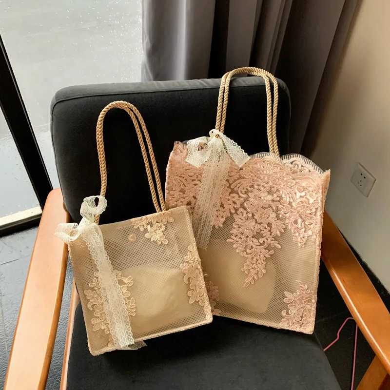 New Korean Lace Handbag Women Large Capacity Shopping Bag Retro Summer Embroidered Shoulder Bag for Travel Beach Tote Bag