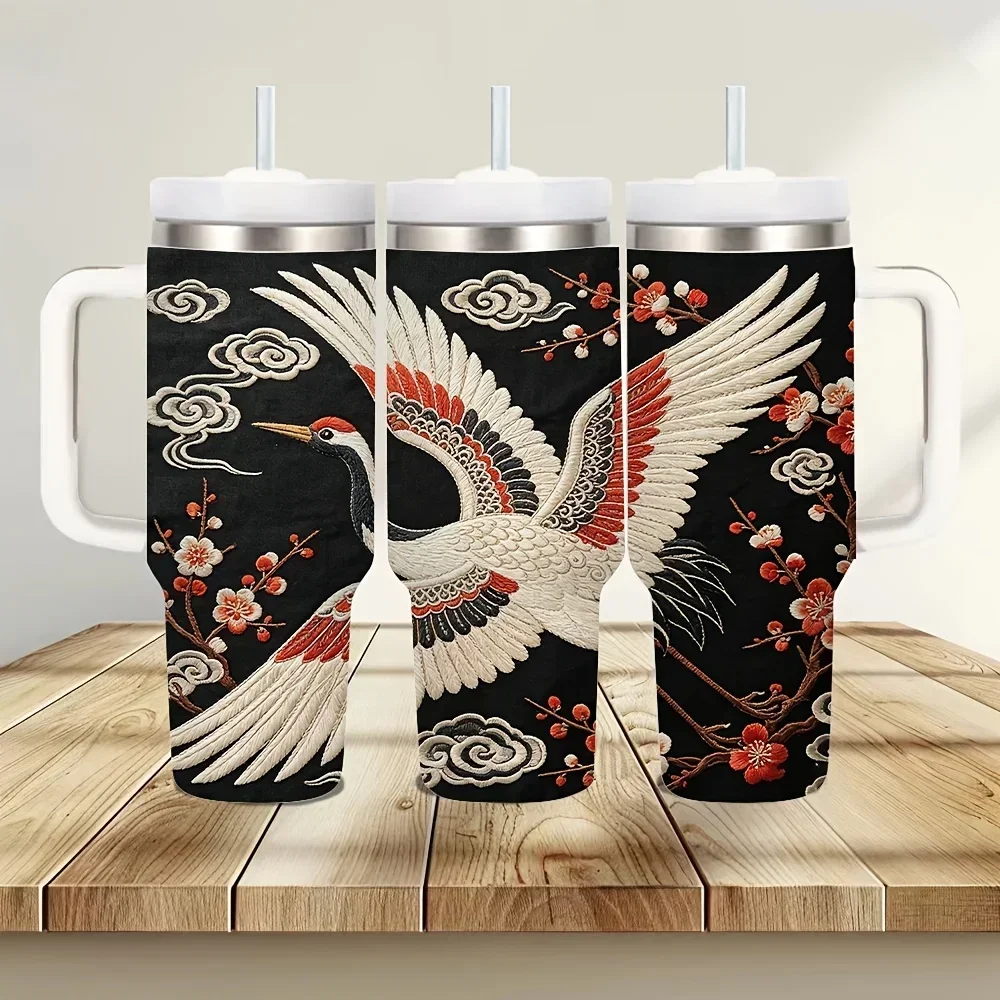 Vintage Embroidered Crane Cloud Plum Blossom Print 40oz Insulated Tumbler with Handle, Suitable for Men Women for Daily Use Travel And Office, Keeps Temperature for Hot And Cold Drinks