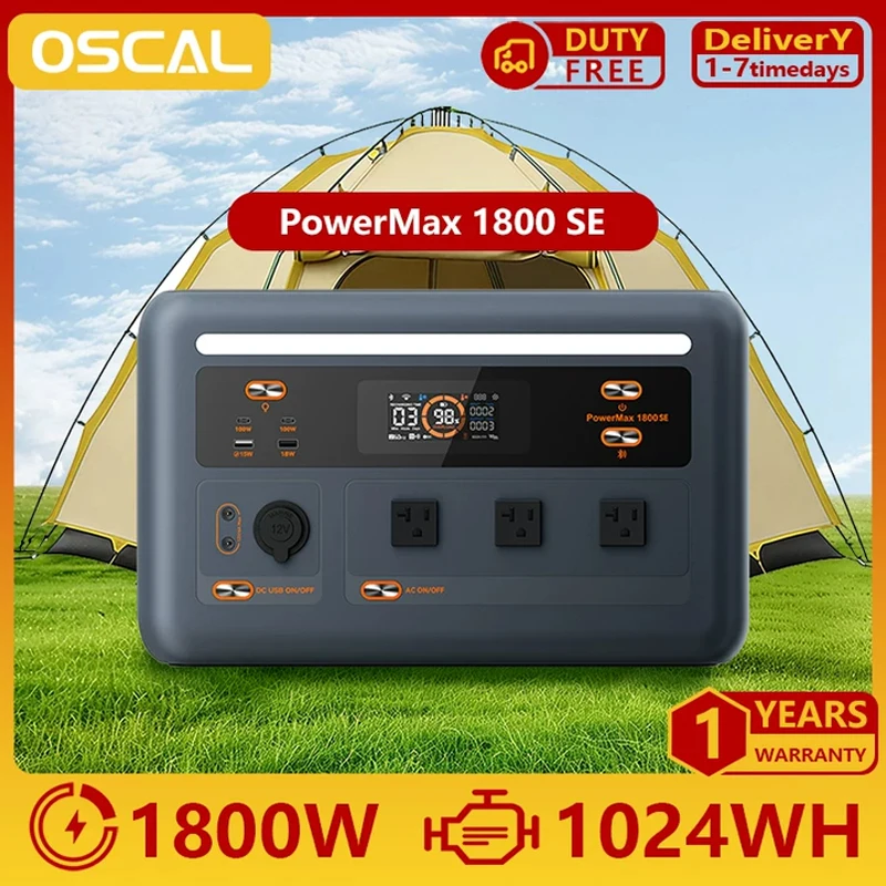 Station d'alimentation portable OSCAL PowerMax1800SE, batterie LiFePO₄ 1024Wh, 1800W en mode continu / 3600W en mode crête, alimentation mobile solaire extérieure 800W