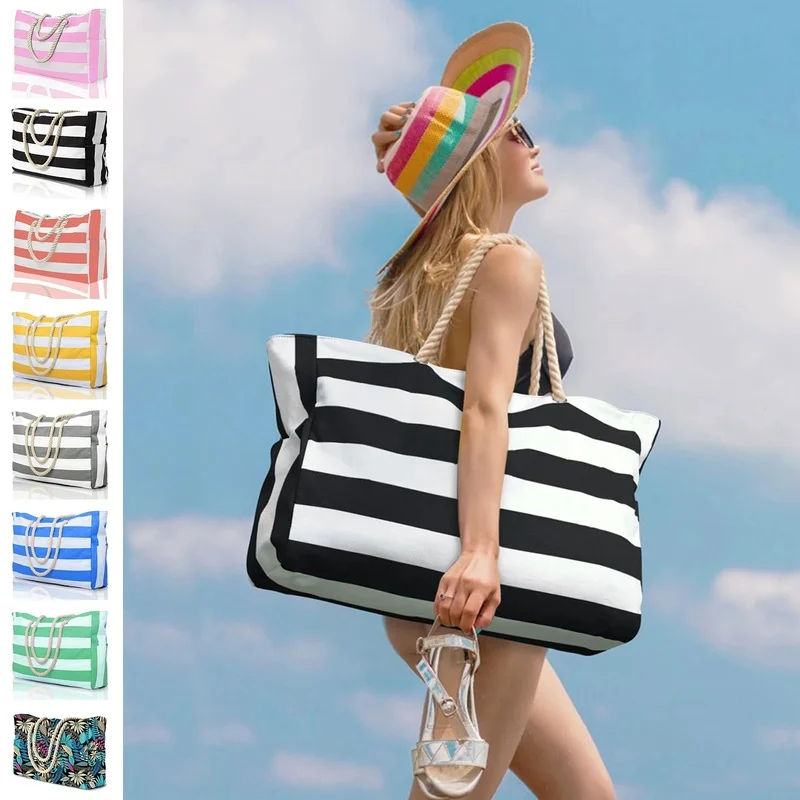

Striped zipper outer bag for outdoor travel and vacation, waterproof and sand resistant canvas, convenient folding beach bag