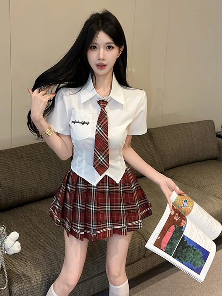

Girls Youthful Pure Desire Wind Waist Cinched Embroidered Short Sleeve Shirt Tie Plaid Skirt School Uniform Style Set