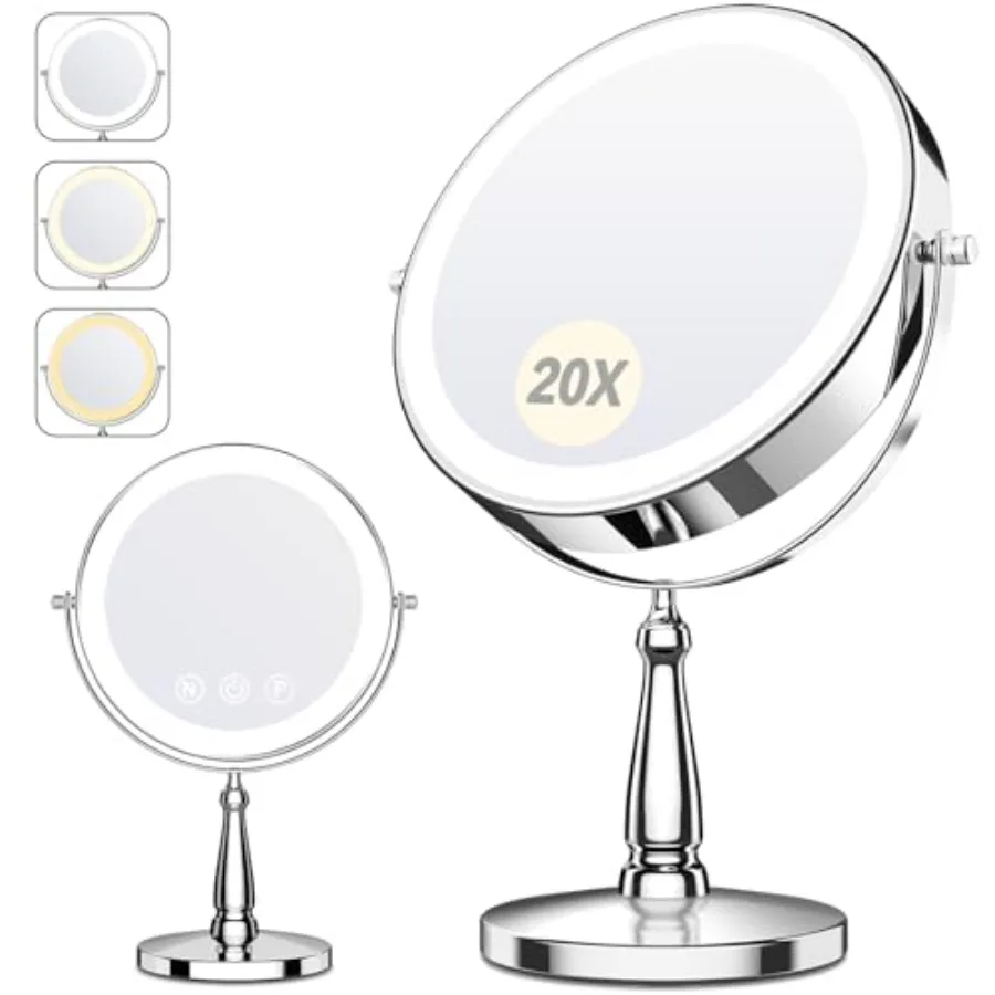 

Makeup Mirror with Lights, 20X Magnifying Mirror with Light for Women, 5000 mAh Vanity Mirror with Lights and 3 Colors, 2-Sided