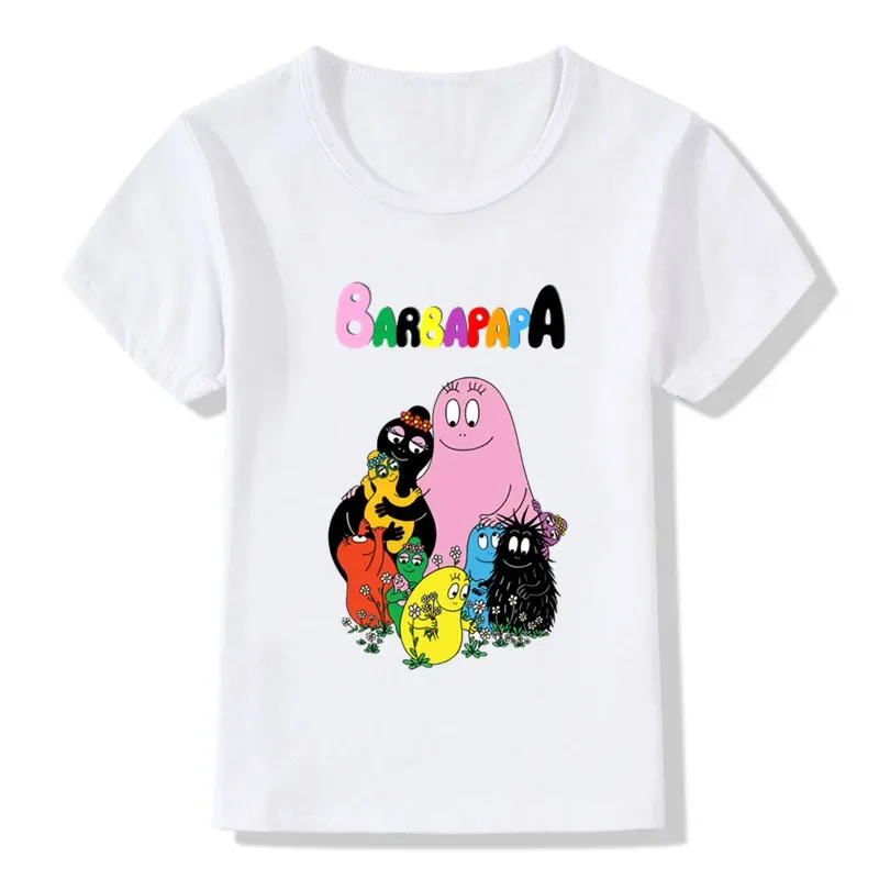 Hot Sale Cute Barbapapa Cartoon Print Boys T-shirts New Summer Short Sleeve Kids T shirt Baby Girls Clothes White Children Tops