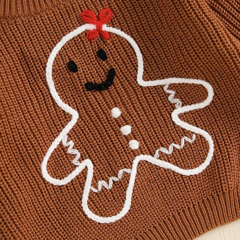 Girls Boys Christmas Sweater Gingerbread Man Embroidery Crew Neck Long Sleeve Pullovers Fall Winter Tops