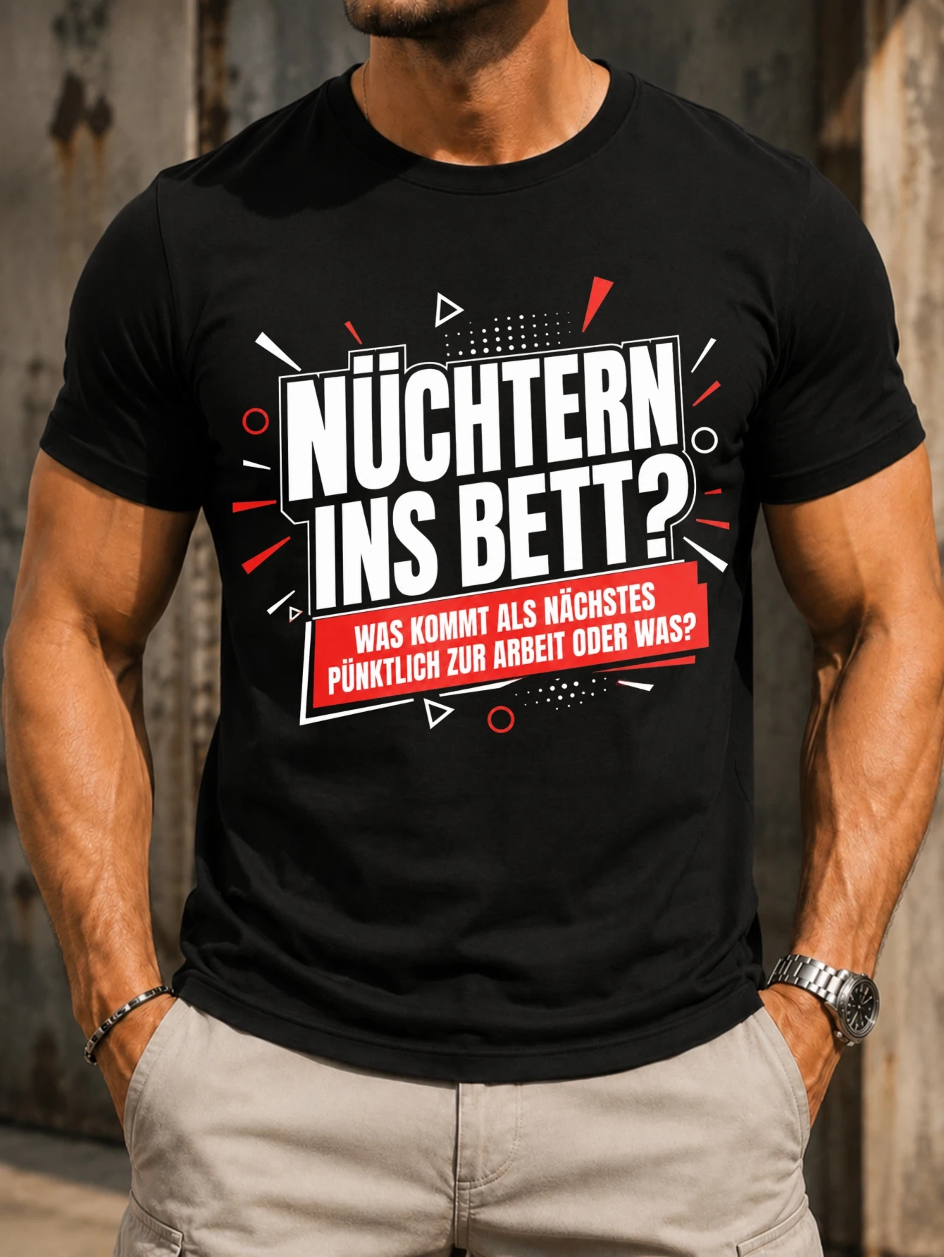 Nuchtern Ins Bett modern block typography with red rectangle abstract shapes and bold German  Unisex All T-Shirt