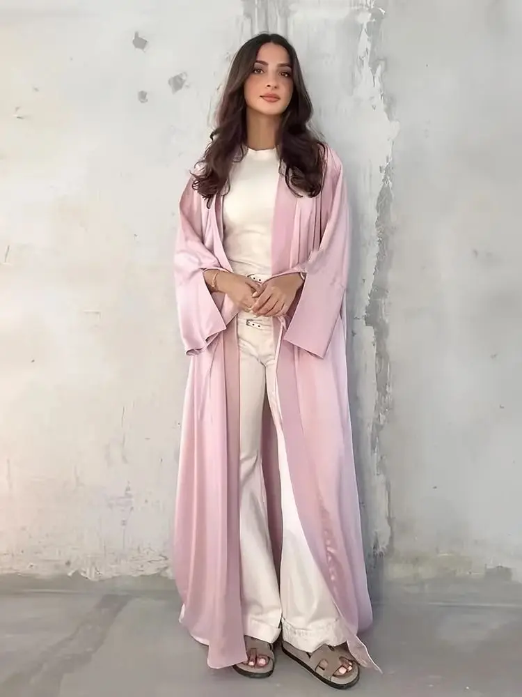 Eid Open Muslim For Women Clothing Satin Kimono Abaya Damen Dubai Kaftan Modest Dress Islam Caftan Marocain Femmes Musulmane