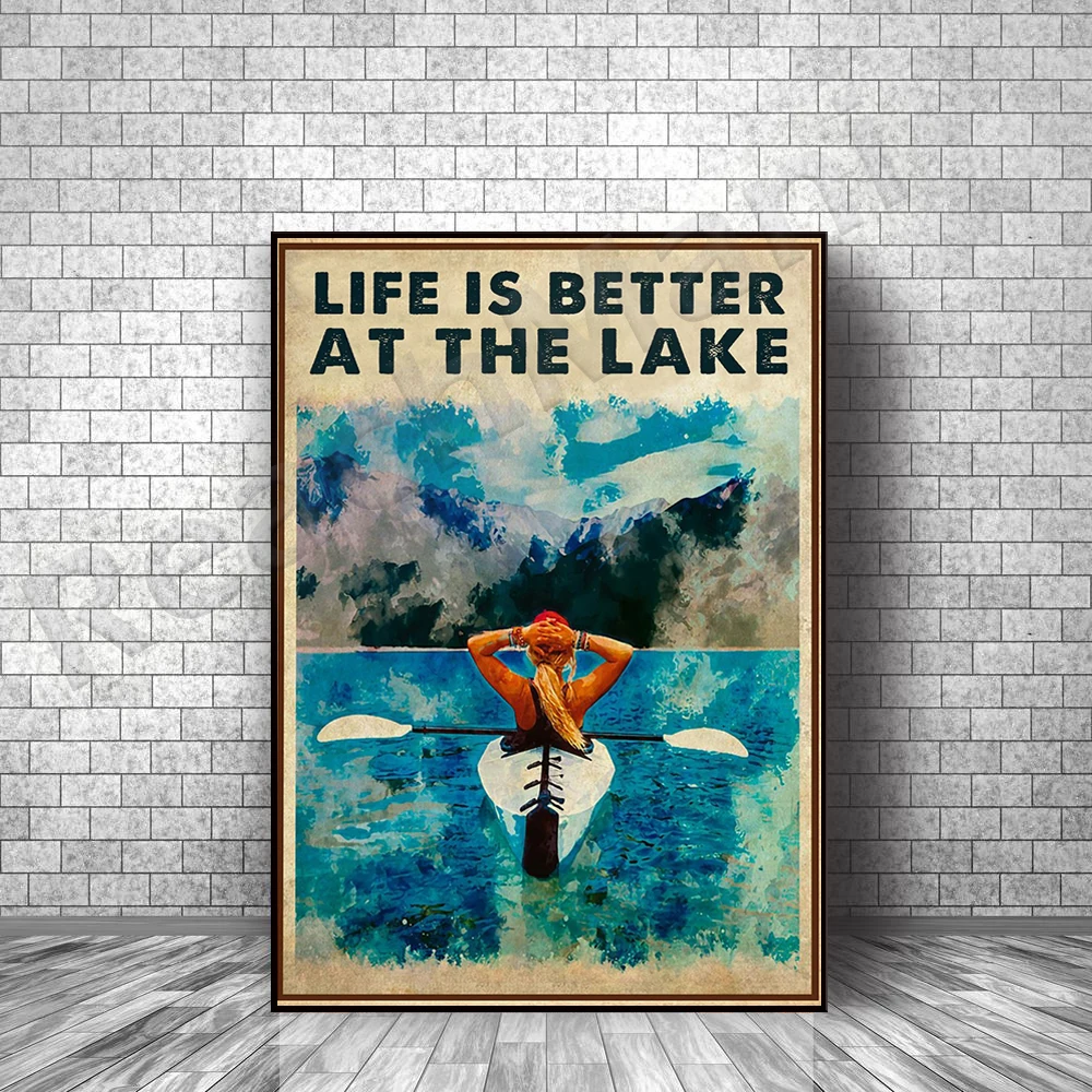 Life Better At The Lake Vintage Poster, Kayaking Girl Poster, Gift for Water Sports Kayaking Lovers, Adventure Poster