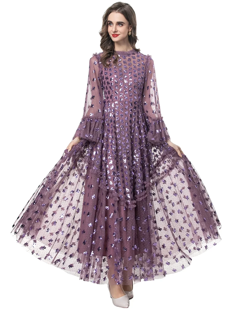 DLDENGHAN ผู้หญิง O-คอ Flare Sleeve เย็บปักถักร้อยตาข่ายสีม่วง Ball Gown ชุดเดรสยาวแฟชั่นฤดูใบไม้ผลิใหม่