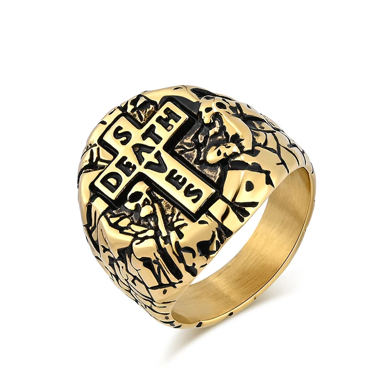 Punk Rock Titanium Steel DEATH SAVES CROSS Rings for Men Retro Jewelry Black Gold Silver Color Drop Shipping Size 8-13