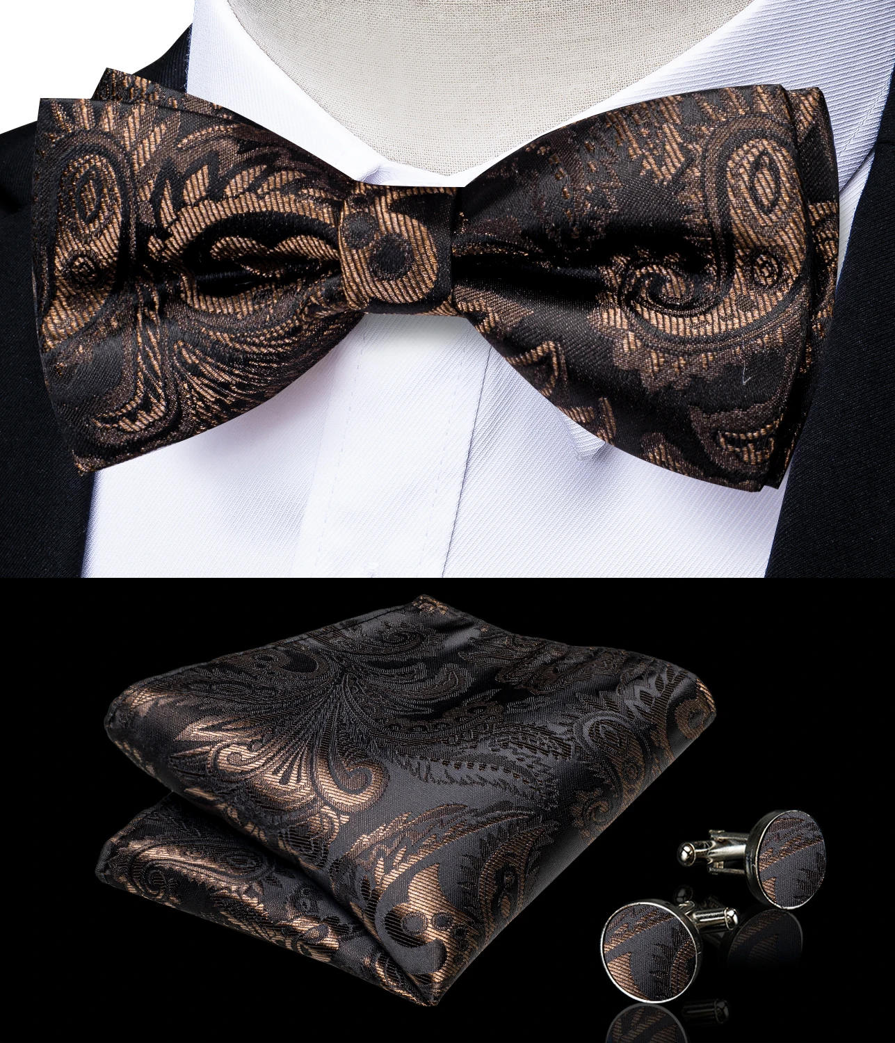 Newest Turn Down Men's Vest with Necktie Bowtie Pocket Square Cufflinks Sets Brown Waistcoat for Man Party Perform Team Wedding